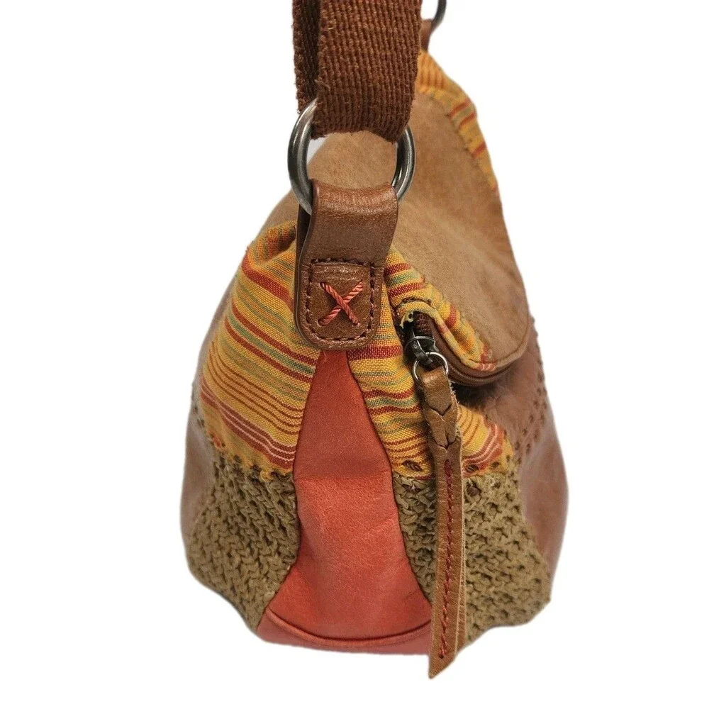 The Sak Purse Deena Flap Crossbody Bag Brown Leather Patchwork Woven Small